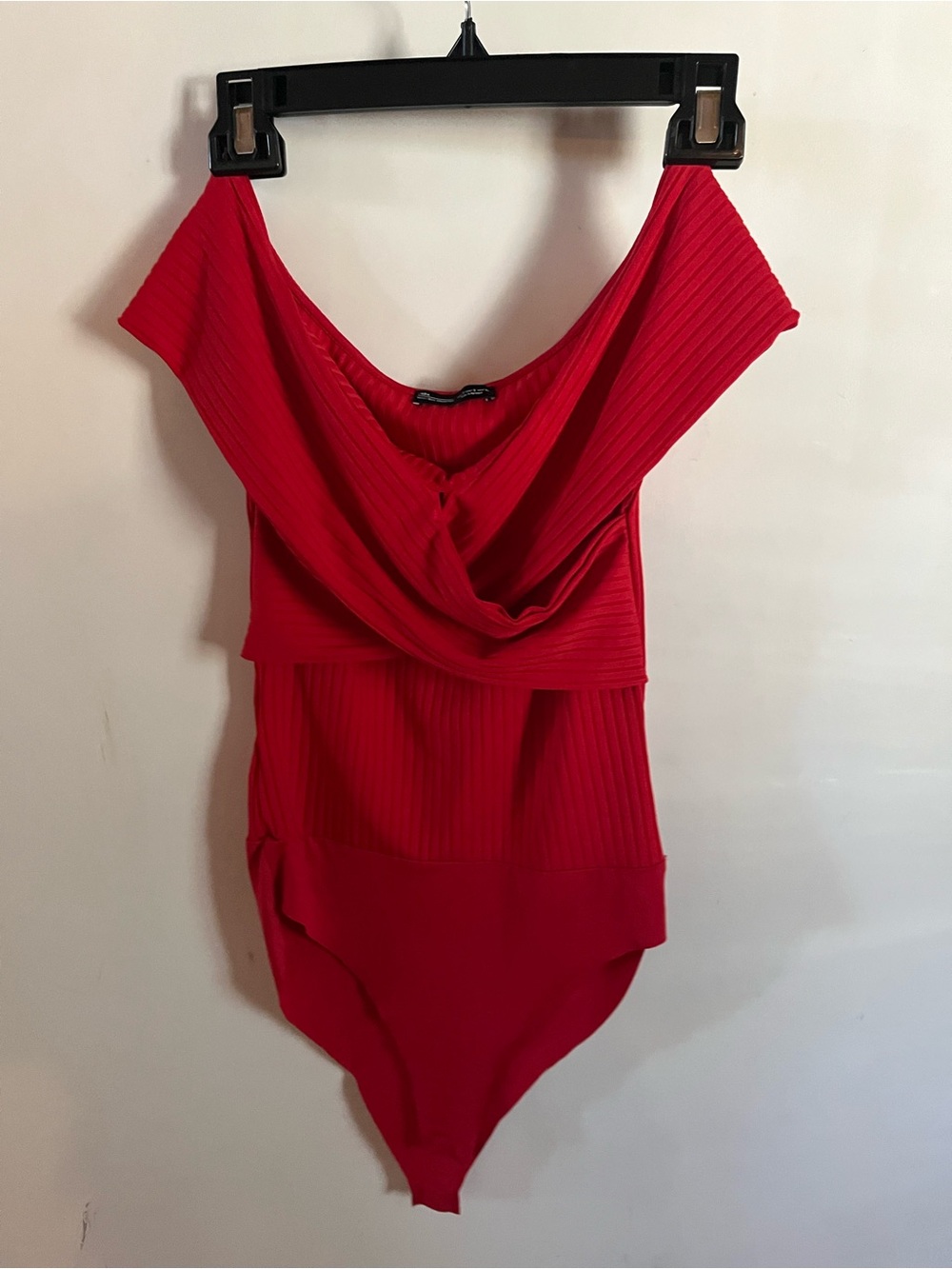 Zara Red Ribbed Off-Shoulder Bodysuit
